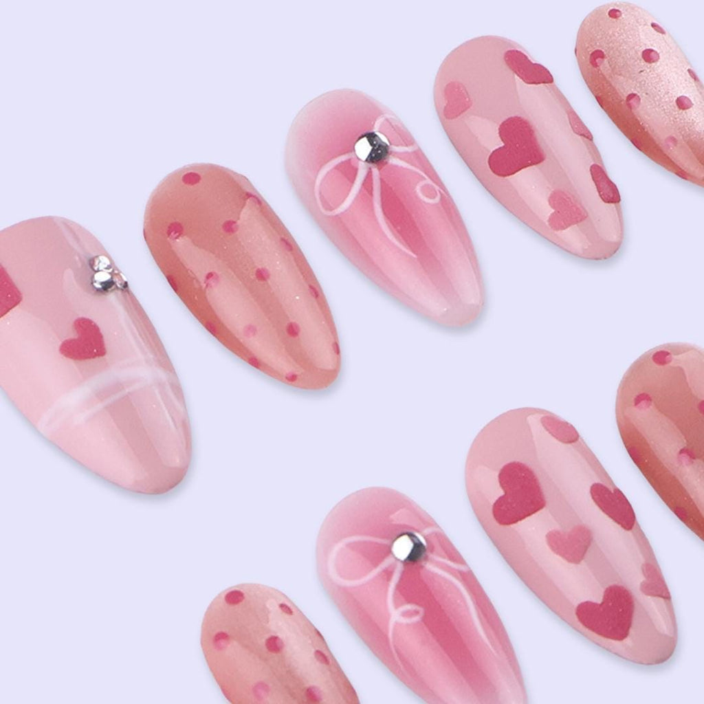 Pink Valentine Press On Nails | Heart & Bow Design with Polka Dots | Almond Fake Nails | Handmade Nail Art for Date or Gift
