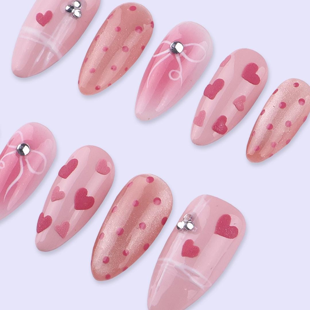 Pink Valentine Press On Nails | Heart & Bow Design with Polka Dots | Almond Fake Nails | Handmade Nail Art for Date or Gift