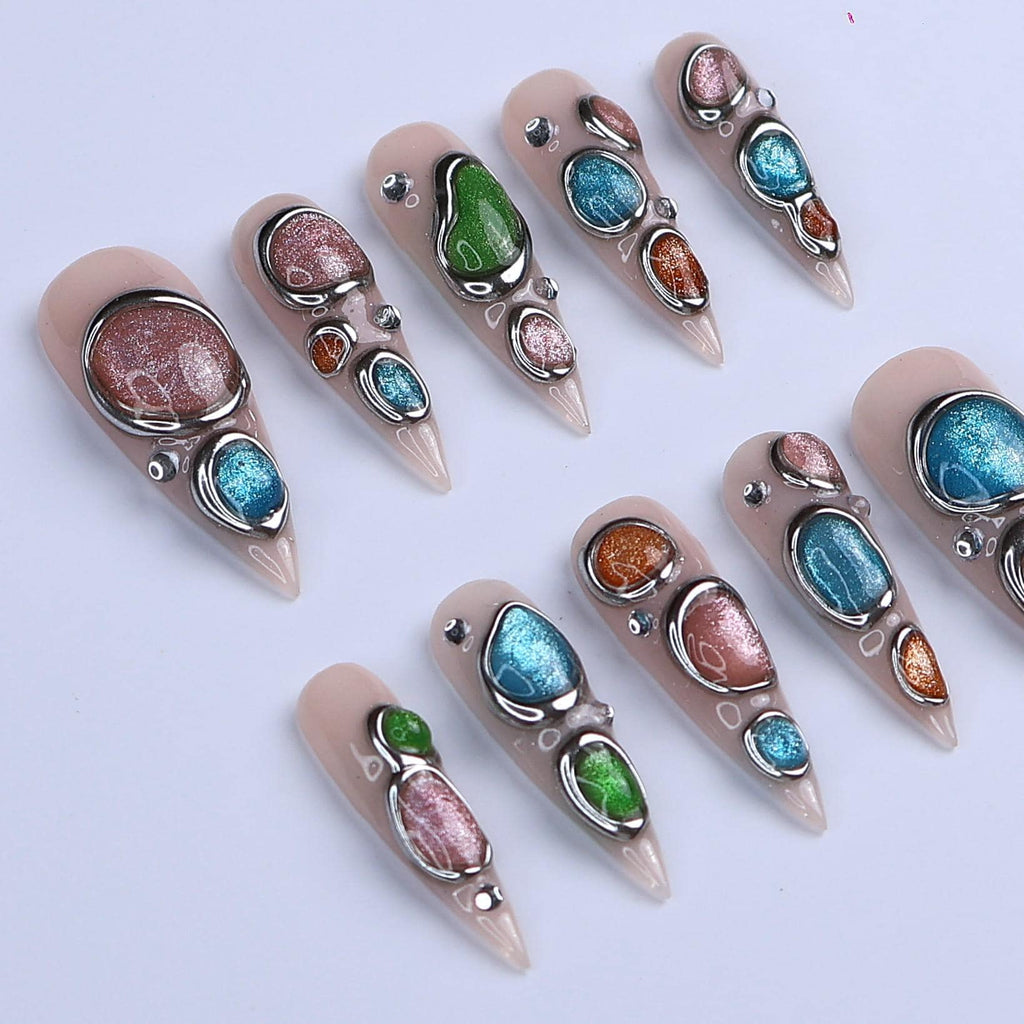 Nude Press On Nails | Abstract Chrome Frame & Multicolor Cat Eye Design | Long Stiletto Fake Nails | Handmade Nail Art for Everyday Wear