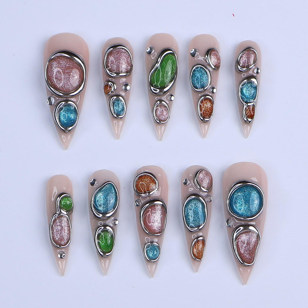 Nude Press On Nails | Abstract Chrome Frame & Multicolor Cat Eye Design | Long Stiletto Fake Nails | Handmade Nail Art for Everyday Wear
