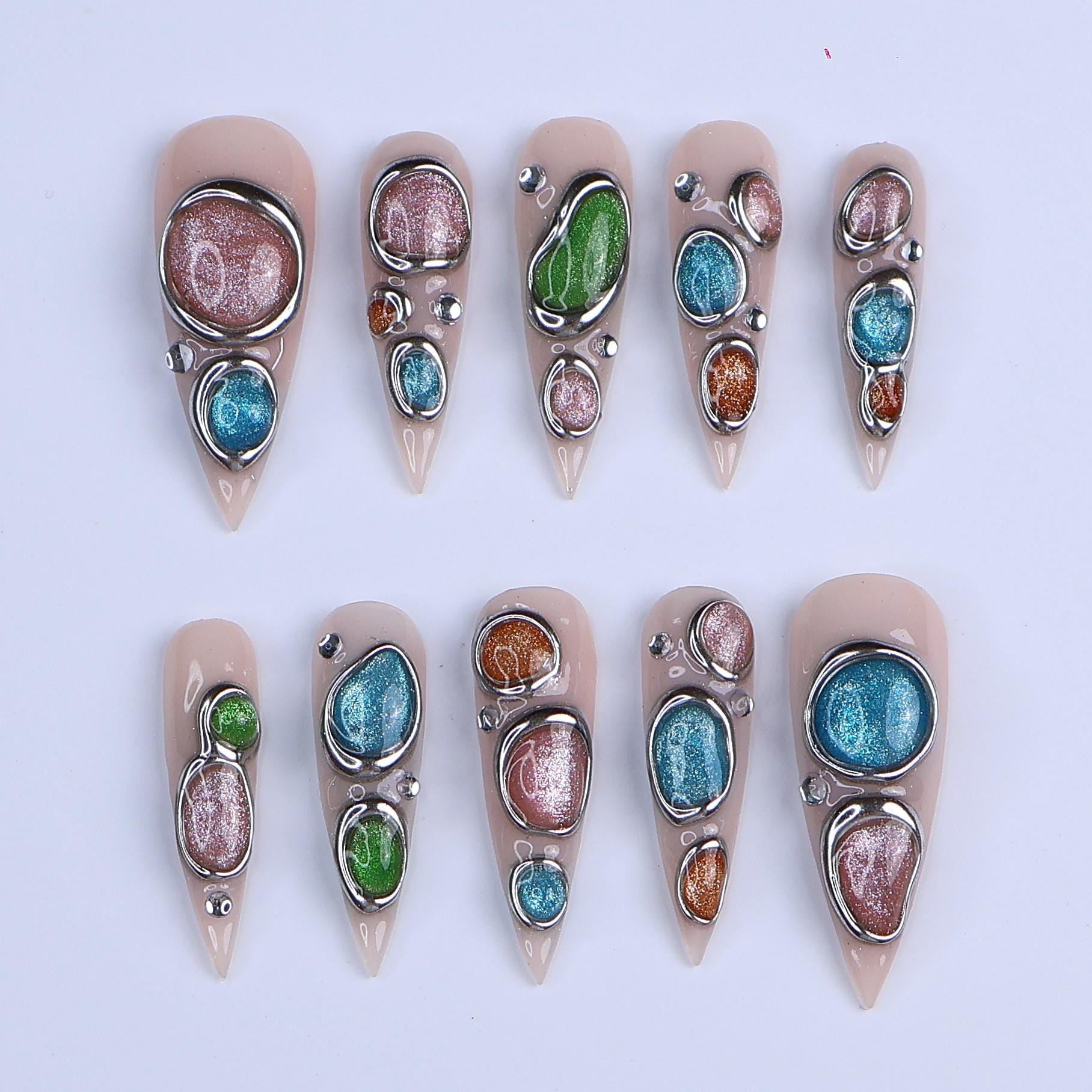 Nude Press On Nails | Abstract Chrome Frame & Multicolor Cat Eye Design | Long Stiletto Fake Nails | Handmade Nail Art for Everyday Wear