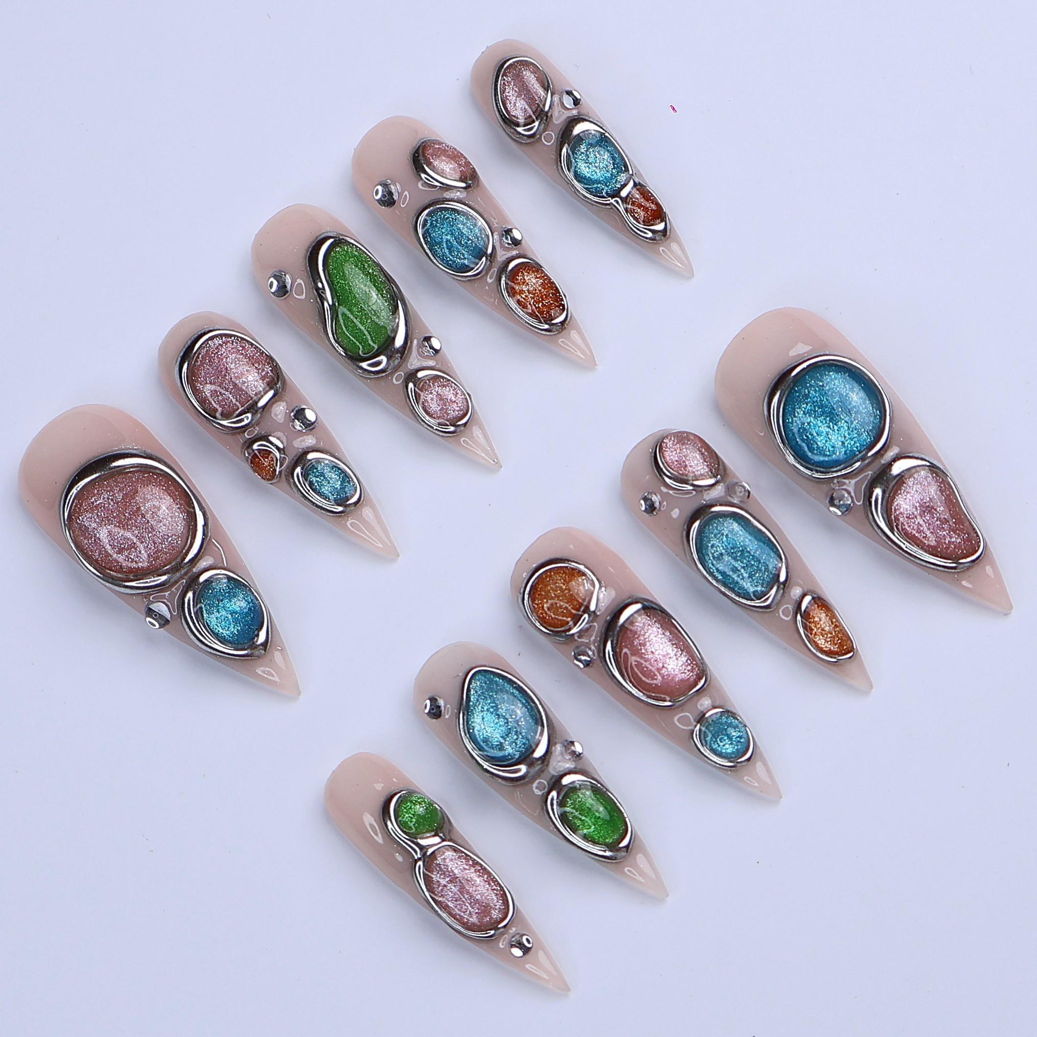 Nude Press On Nails | Abstract Chrome Frame & Multicolor Cat Eye Design | Long Stiletto Fake Nails | Handmade Nail Art for Everyday Wear