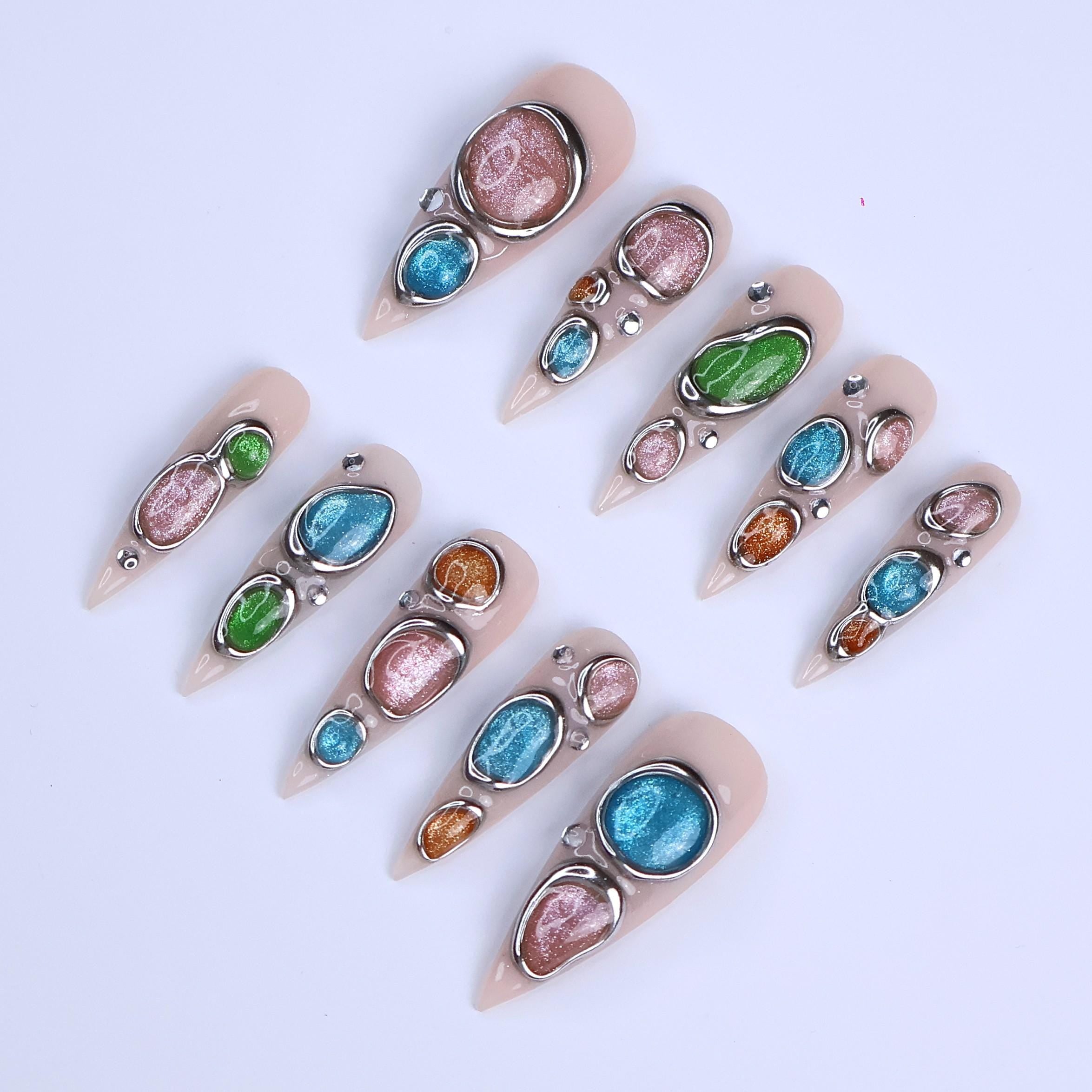 Nude Press On Nails | Abstract Chrome Frame & Multicolor Cat Eye Design | Long Stiletto Fake Nails | Handmade Nail Art for Everyday Wear