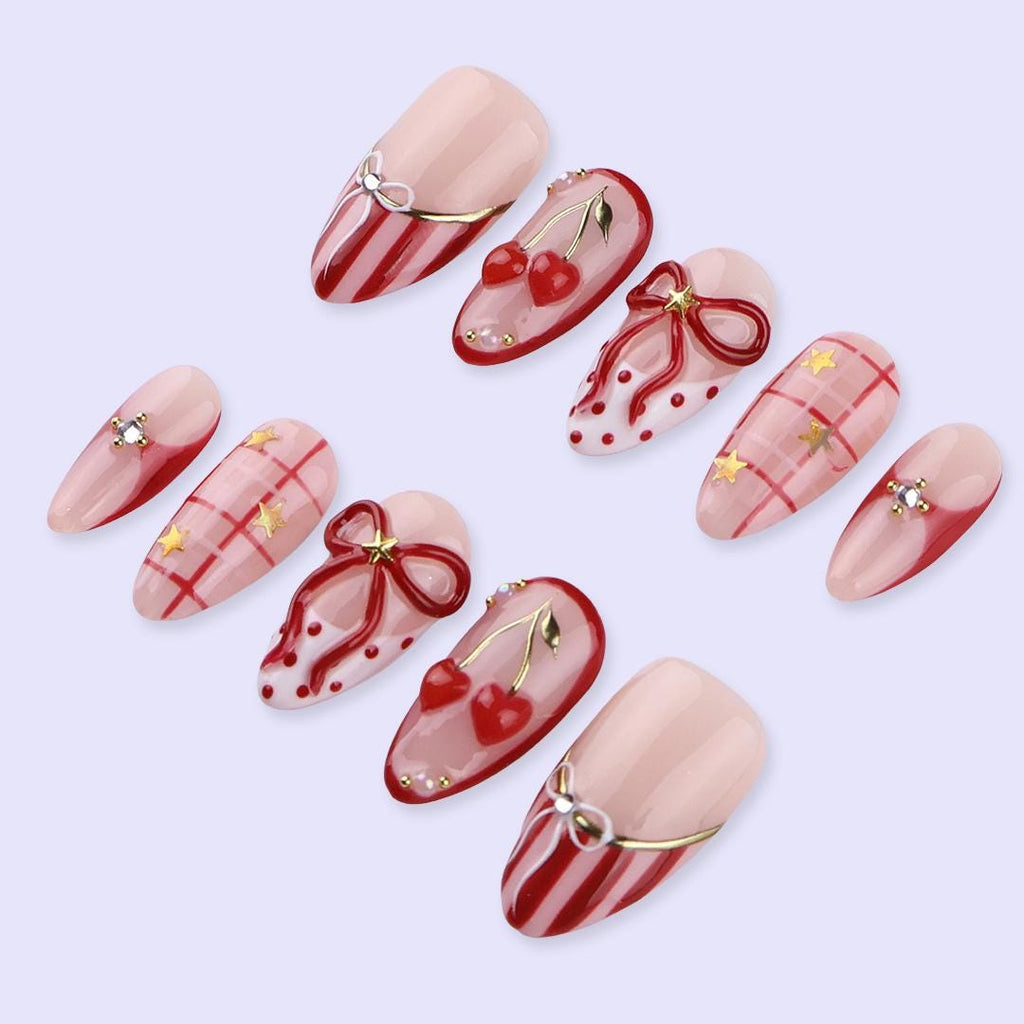 Valentine Press On Nails with Red Bow, Cherry & Gold Star Accents | Almond Fake Nails | Handmade Nail Art for Date Night or Gift for Her