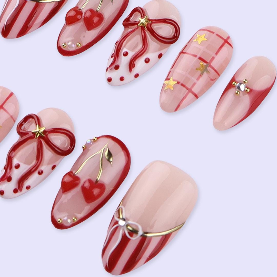Valentine Press On Nails with Red Bow, Cherry & Gold Star Accents | Almond Fake Nails | Handmade Nail Art for Date Night or Gift for Her