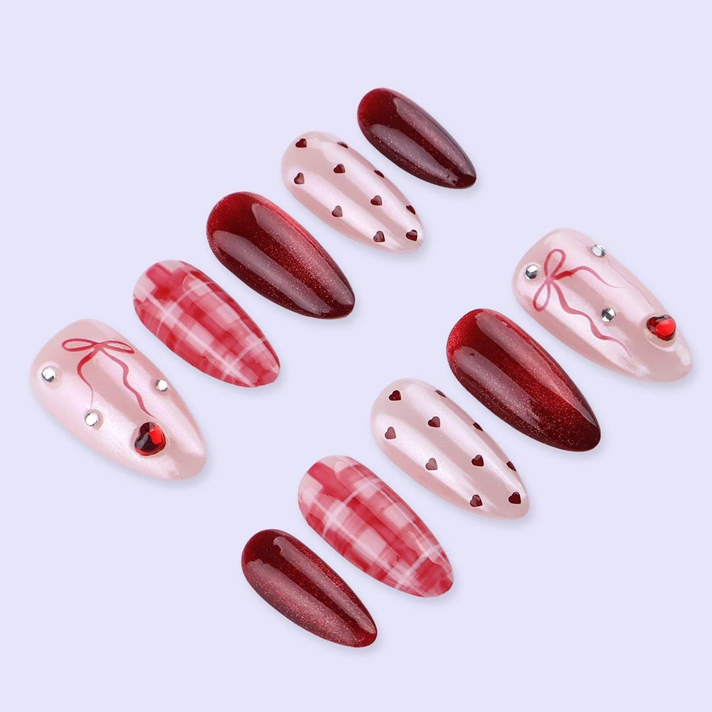 Valentine Cat Eye Press On Nails With Red Heart & Plaid Design | Almond Fake Nails | Handmade Nail Art for Date Night or Gift For Her