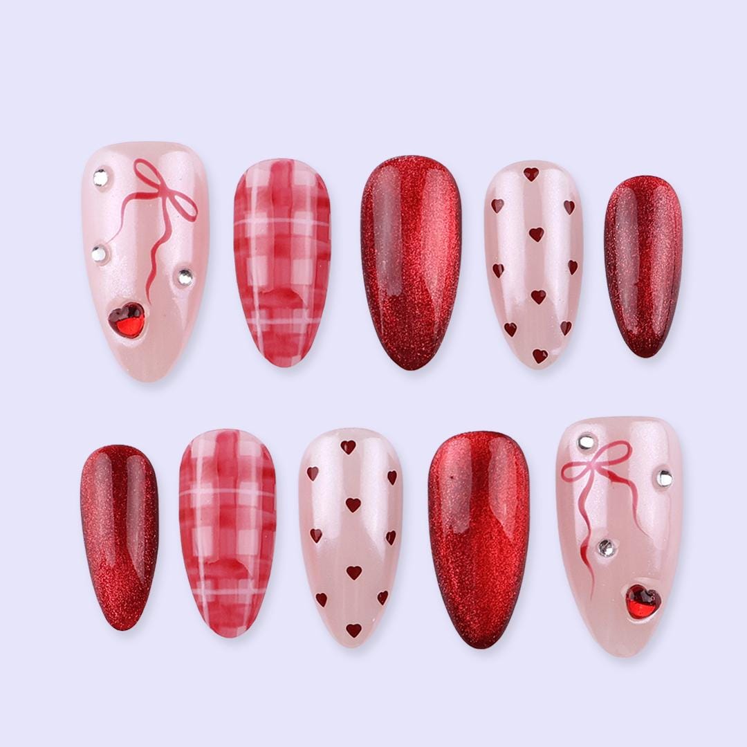 Valentine Cat Eye Press On Nails With Red Heart & Plaid Design | Almond Fake Nails | Handmade Nail Art for Date Night or Gift For Her