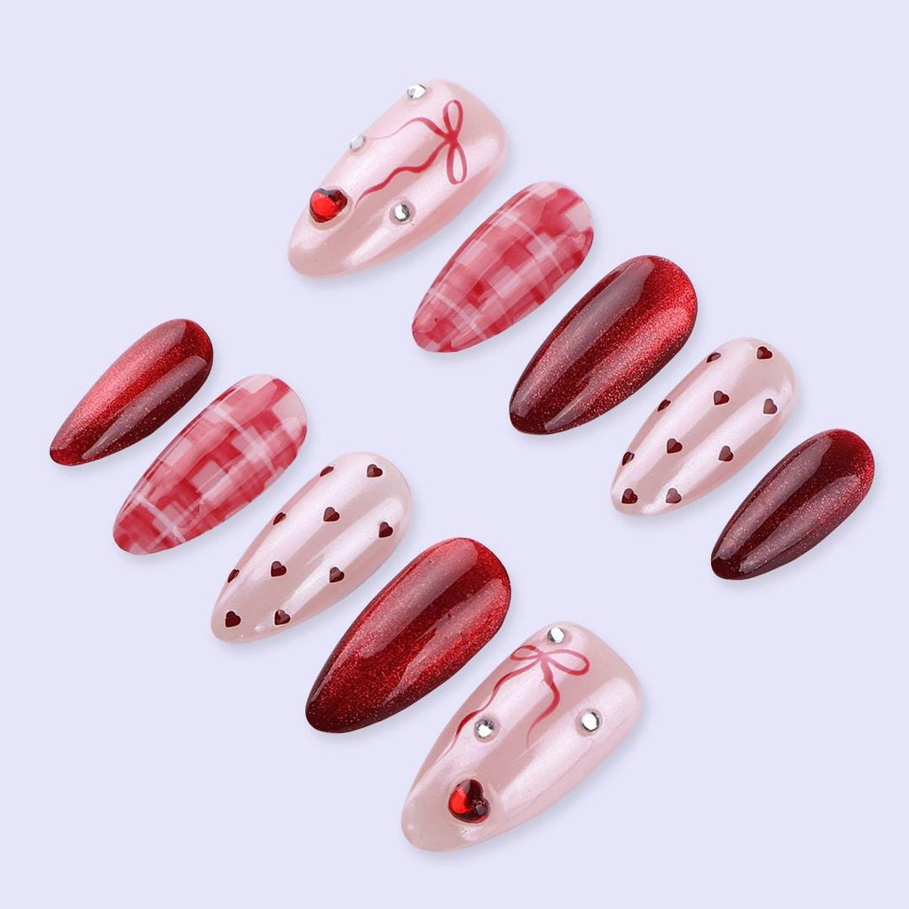 Valentine Cat Eye Press On Nails With Red Heart & Plaid Design | Almond Fake Nails | Handmade Nail Art for Date Night or Gift For Her