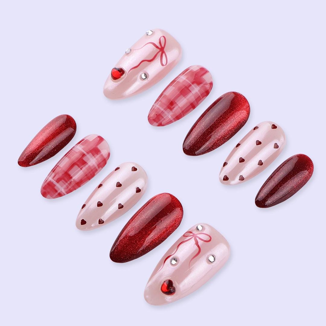 Valentine Cat Eye Press On Nails With Red Heart & Plaid Design | Almond Fake Nails | Handmade Nail Art for Date Night or Gift For Her