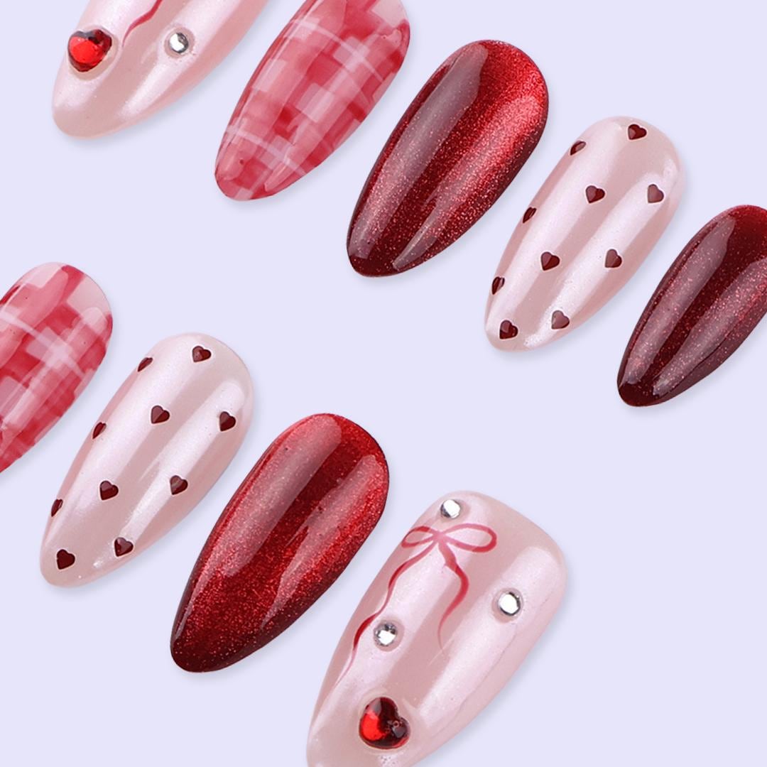 Valentine Cat Eye Press On Nails With Red Heart & Plaid Design | Almond Fake Nails | Handmade Nail Art for Date Night or Gift For Her