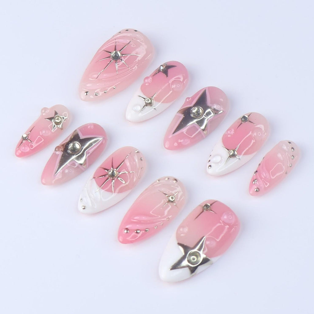 Pink Ombré Press On Nails | Silver Star & Celestial Design | Almond Fake Nails | Handmade Nail Art for Everyday Wear or Gift