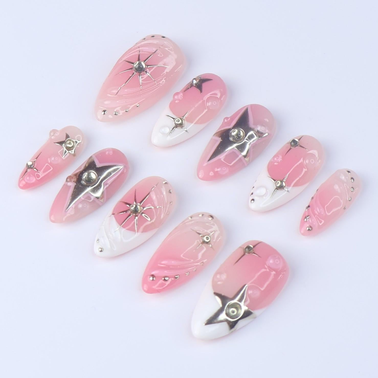 Pink Ombré Press On Nails | Silver Star & Celestial Design | Almond Fake Nails | Handmade Nail Art for Everyday Wear or Gift