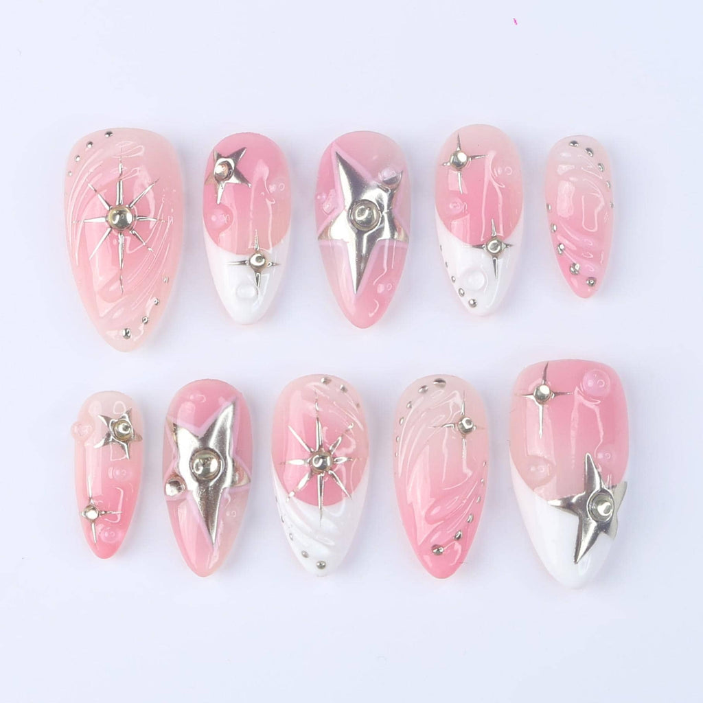 Pink Ombré Press On Nails | Silver Star & Celestial Design | Almond Fake Nails | Handmade Nail Art for Everyday Wear or Gift