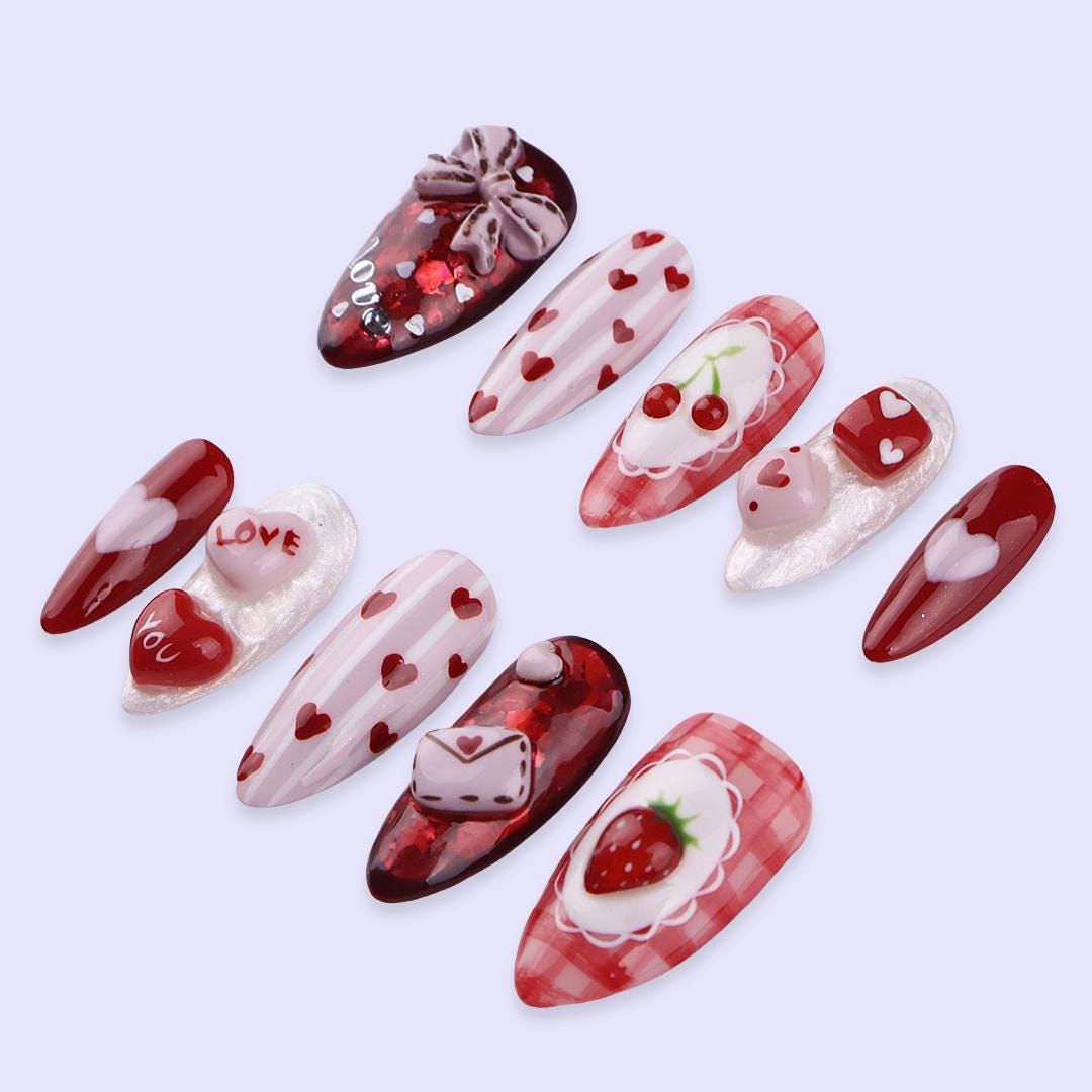 Sweet Valentine Press On Nails | Heart, Cherry & Love Letter Design | Fake Nails in Almond | Handmade Nail Art for Date or Gift for Her