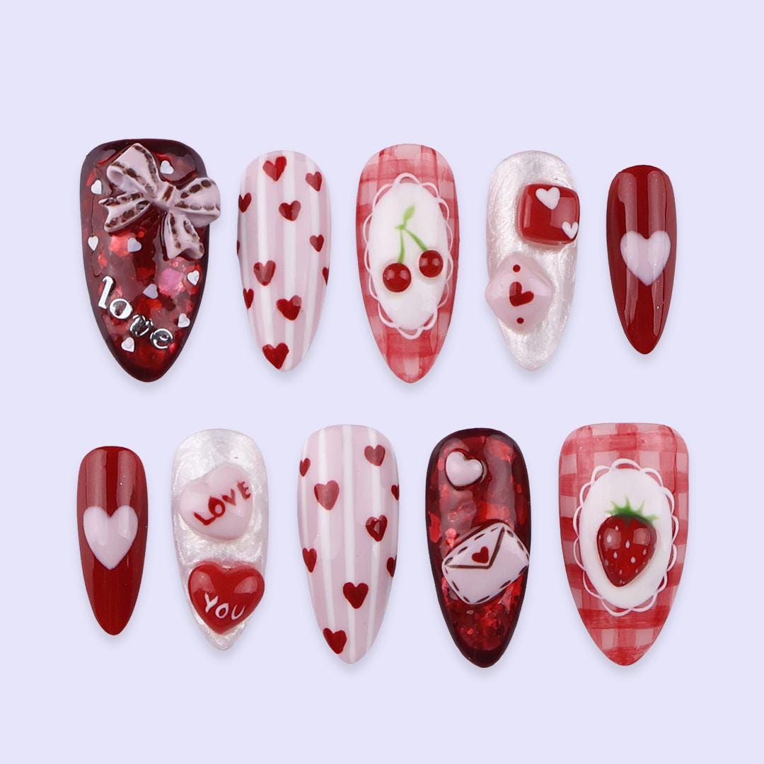 Sweet Valentine Press On Nails | Heart, Cherry & Love Letter Design | Fake Nails in Almond | Handmade Nail Art for Date or Gift for Her
