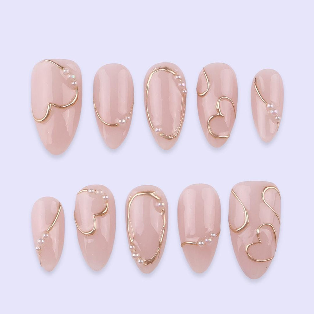 Minimal Nude Press On Nails with Gold Heart Line Art | Elegant Pearl Accent Almond Nails | Handmade Neutral Fake Nails