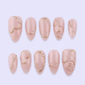 Minimal Nude Press On Nails with Gold Heart Line Art | Elegant Pearl Accent Almond Nails | Handmade Neutral Fake Nails