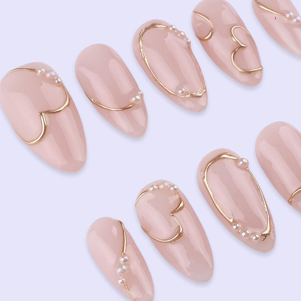 Minimal Nude Press On Nails with Gold Heart Line Art | Elegant Pearl Accent Almond Nails | Handmade Neutral Fake Nails