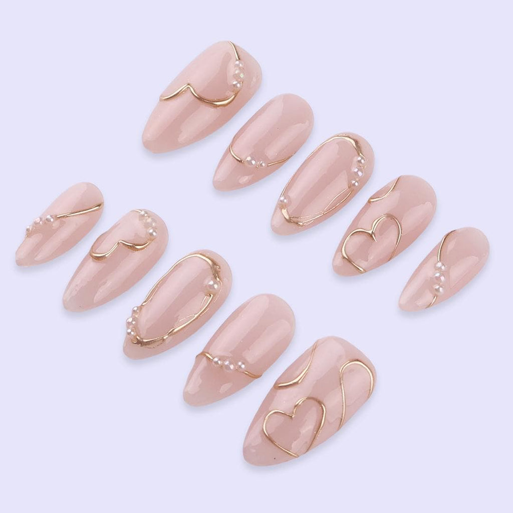 Minimal Nude Press On Nails with Gold Heart Line Art | Elegant Pearl Accent Almond Nails | Handmade Neutral Fake Nails