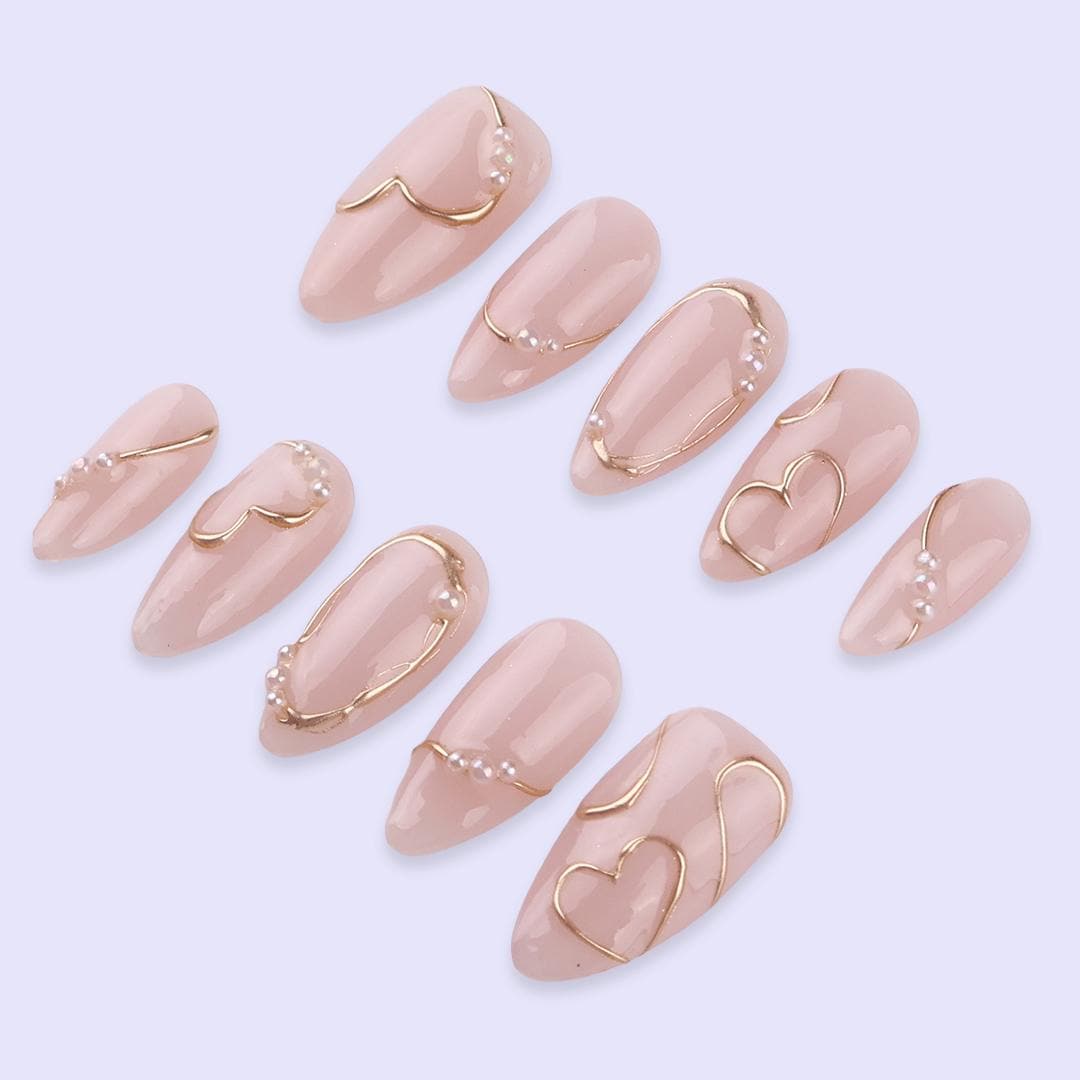 Minimal Nude Press On Nails with Gold Heart Line Art | Elegant Pearl Accent Almond Nails | Handmade Neutral Fake Nails