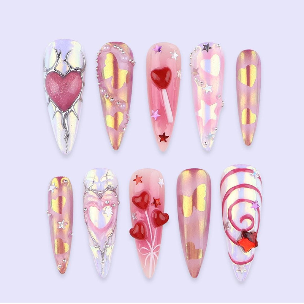 Pink Chrome Heart Press On Nails | Iridescent Valentine Nails with 3D Heart & Star Accents | Long Almond Handmade Nail Art For Date Night