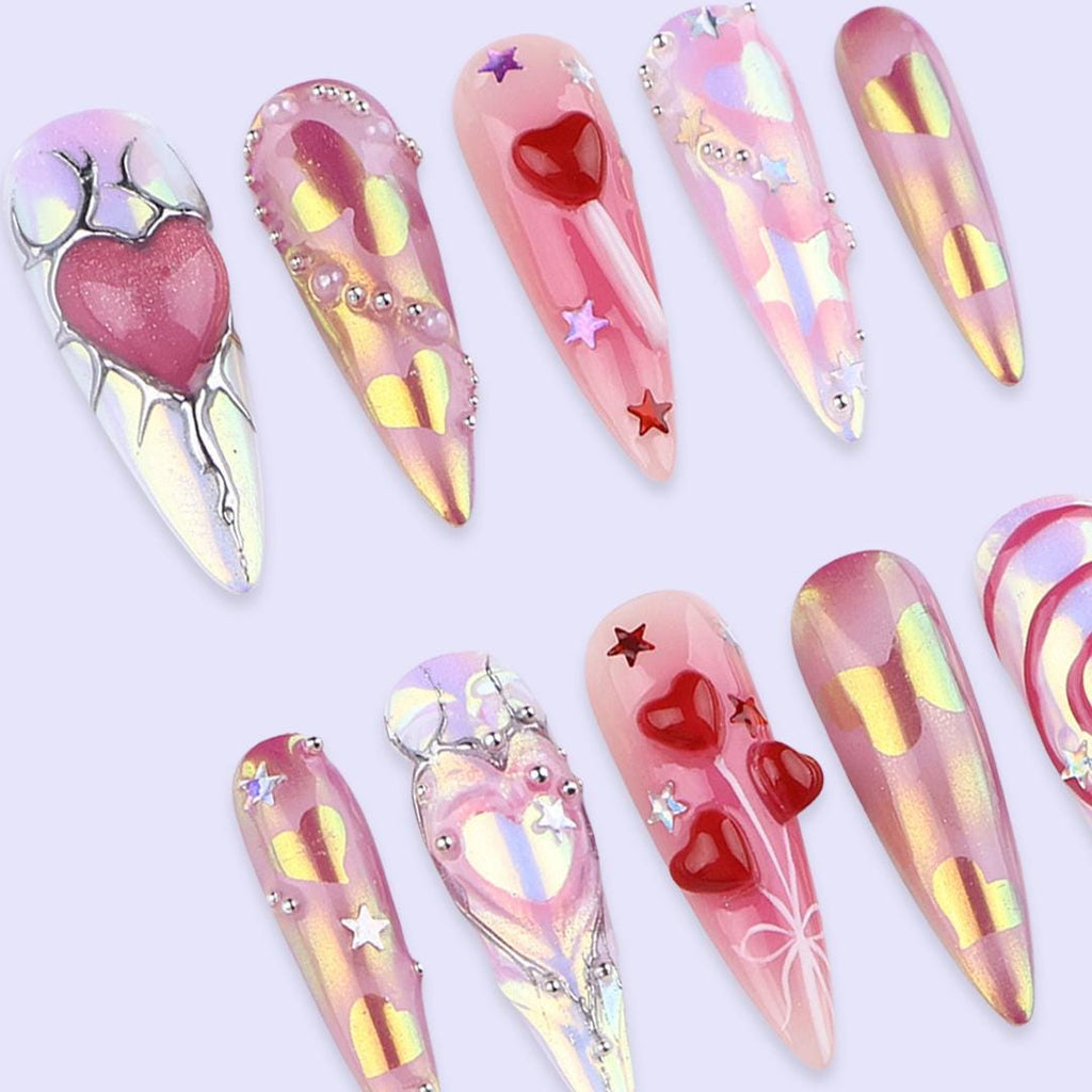 Pink Chrome Heart Press On Nails | Iridescent Valentine Nails with 3D Heart & Star Accents | Long Almond Handmade Nail Art For Date Night