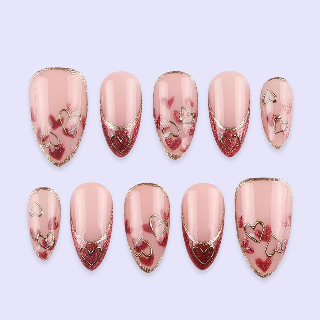 Pink Cat Eye Valentine Press On Nails with Gold Heart Outline | French Tip Fake Nail in Almond | Handmade Nail Art for Date or Gift for Her