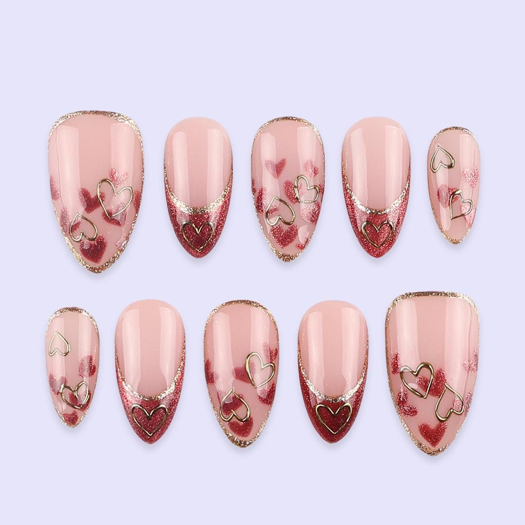Pink Cat Eye Valentine Press On Nails with Gold Heart Outline | French Tip Fake Nail in Almond | Handmade Nail Art for Date or Gift for Her