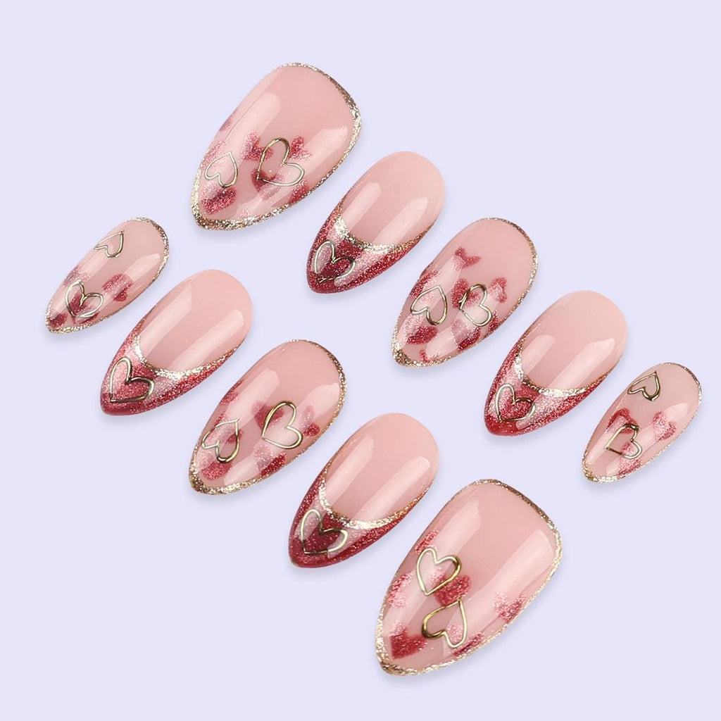 Pink Cat Eye Valentine Press On Nails with Gold Heart Outline | French Tip Fake Nail in Almond | Handmade Nail Art for Date or Gift for Her