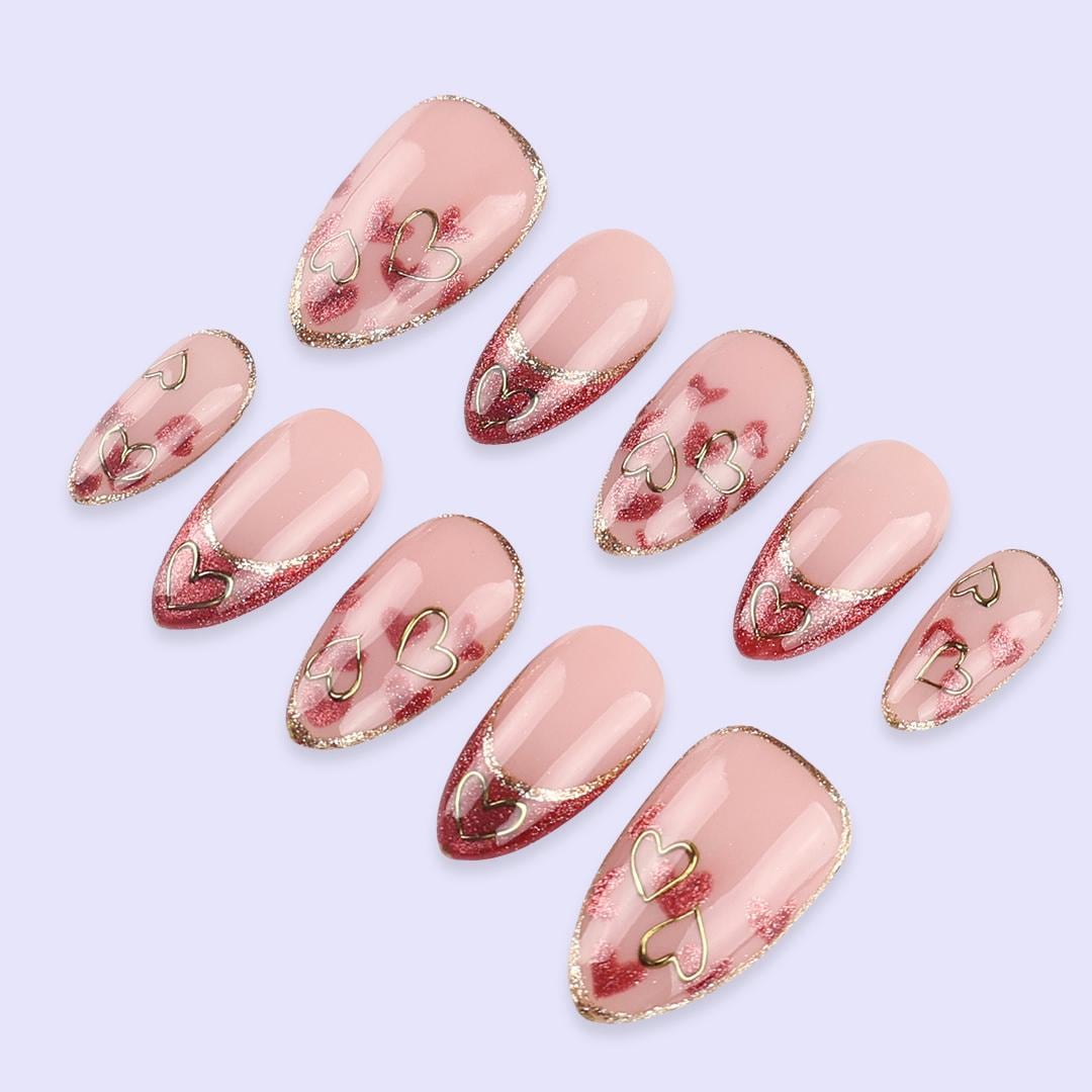 Pink Cat Eye Valentine Press On Nails with Gold Heart Outline | French Tip Fake Nail in Almond | Handmade Nail Art for Date or Gift for Her