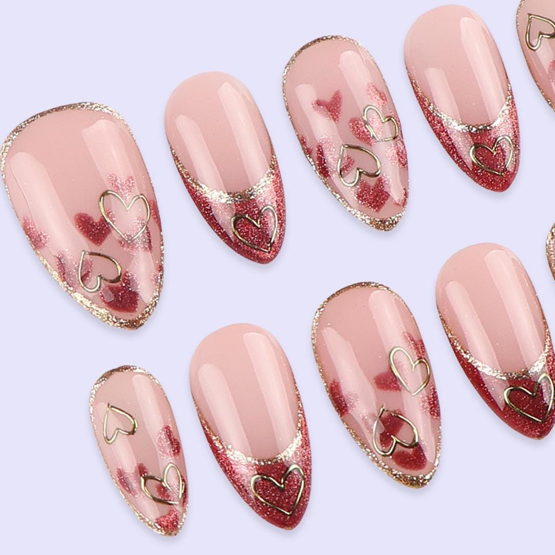 Pink Cat Eye Valentine Press On Nails with Gold Heart Outline | French Tip Fake Nail in Almond | Handmade Nail Art for Date or Gift for Her