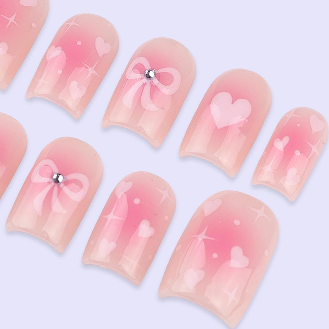Pink Valentine Press On Nails | Sheer Blush Base with Heart & Bow Design | Cute Fake Nails in Short Square | Handmade Romantic Nail Art
