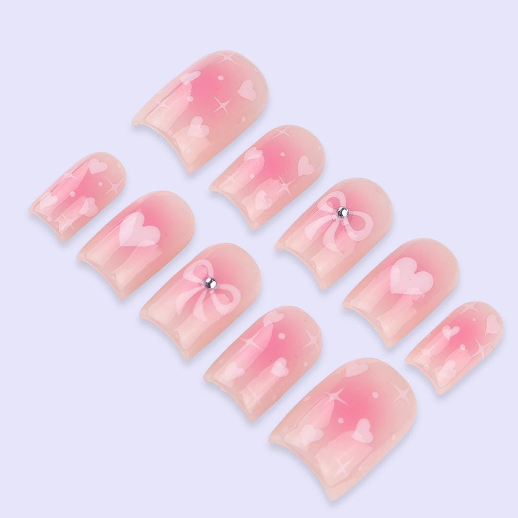 Pink Valentine Press On Nails | Sheer Blush Base with Heart & Bow Design | Cute Fake Nails in Short Square | Handmade Romantic Nail Art