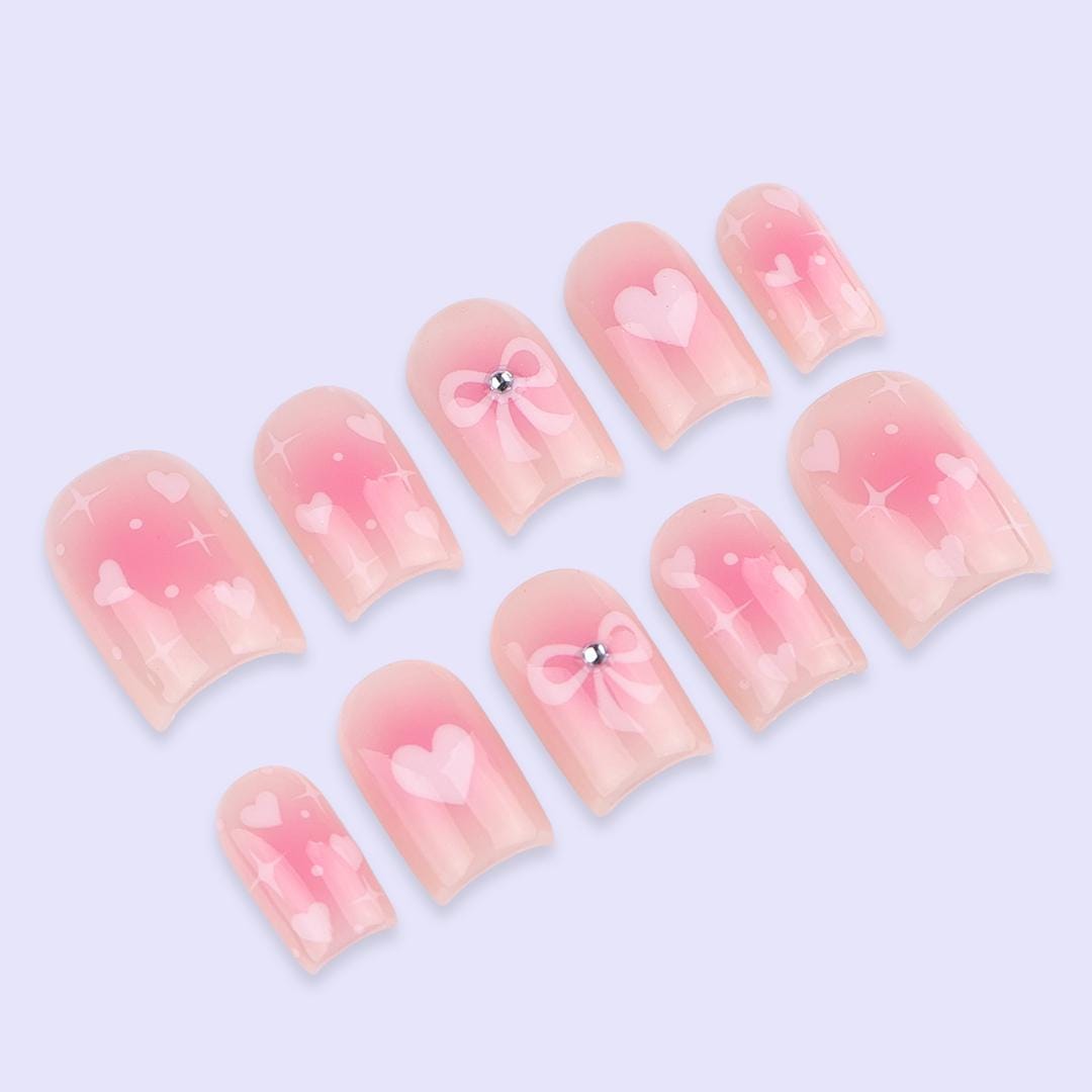 Pink Valentine Press On Nails | Sheer Blush Base with Heart & Bow Design | Cute Fake Nails in Short Square | Handmade Romantic Nail Art