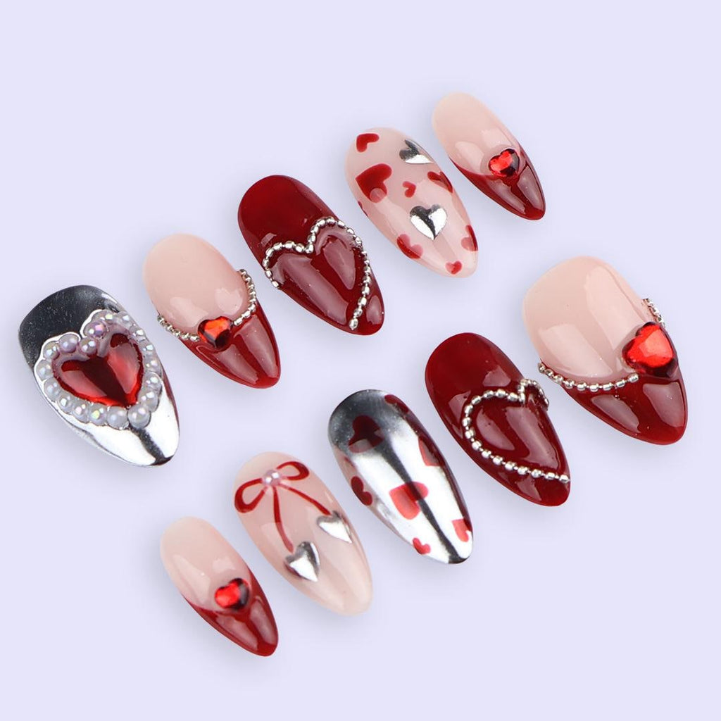 Luxury Valentine Press On Nails | Red Heart With Pearl And Silver Chrome Design | Almond Fake Nails | Handmade Nail Art for Date or Gift