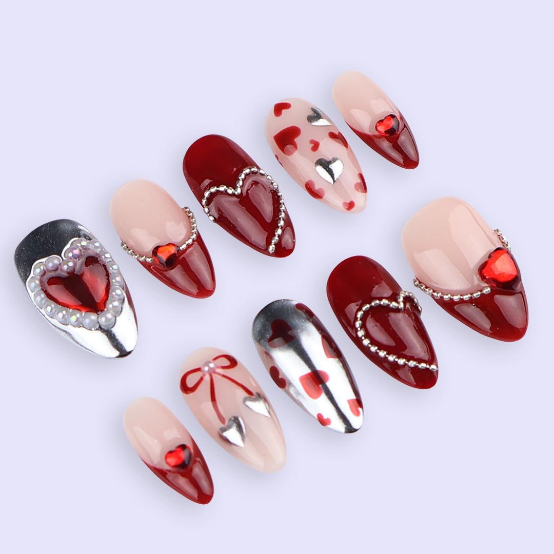 Luxury Valentine Press On Nails | Red Heart With Pearl And Silver Chrome Design | Almond Fake Nails | Handmade Nail Art for Date or Gift