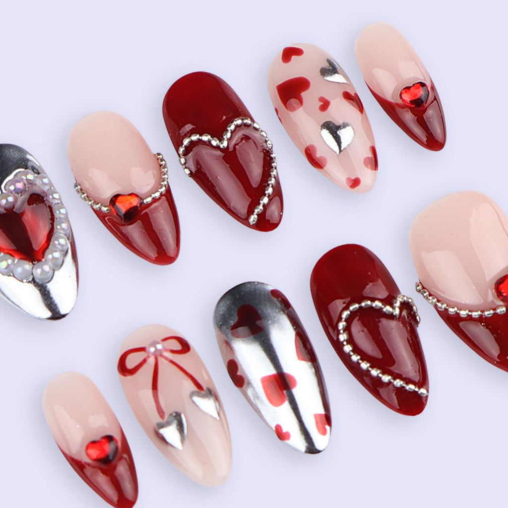 Luxury Valentine Press On Nails | Red Heart With Pearl And Silver Chrome Design | Almond Fake Nails | Handmade Nail Art for Date or Gift