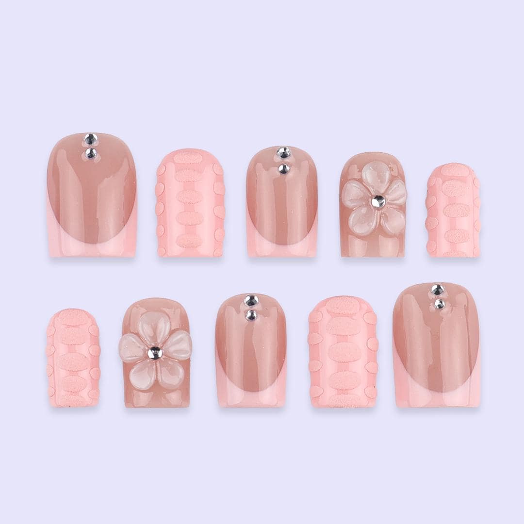 Blush Pink Press On Nails with 3D Flower | Nude Peach Handmade Fake Nails | Short Square Minimal Nail Art for Everyday or Gift