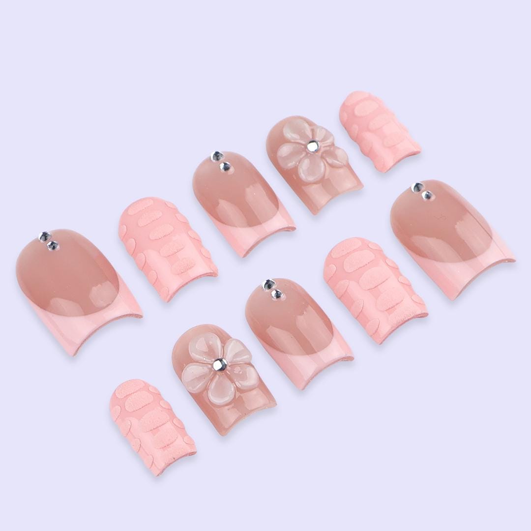Blush Pink Press On Nails with 3D Flower | Nude Peach Handmade Fake Nails | Short Square Minimal Nail Art for Everyday or Gift