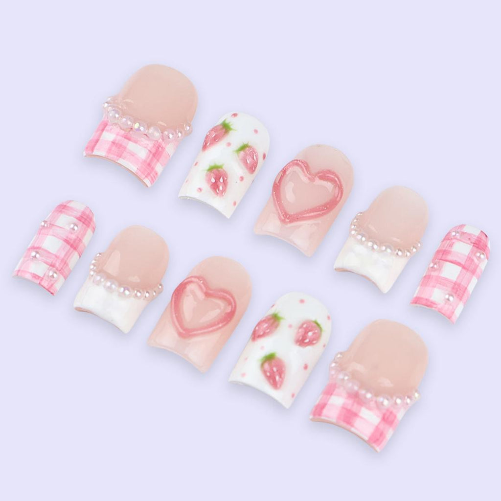 Pink Valentine Press On Nails | Strawberry & Heart Design with Pearl Details | Short Square Fake Nails | Handmade Nail Art for Date or Gift