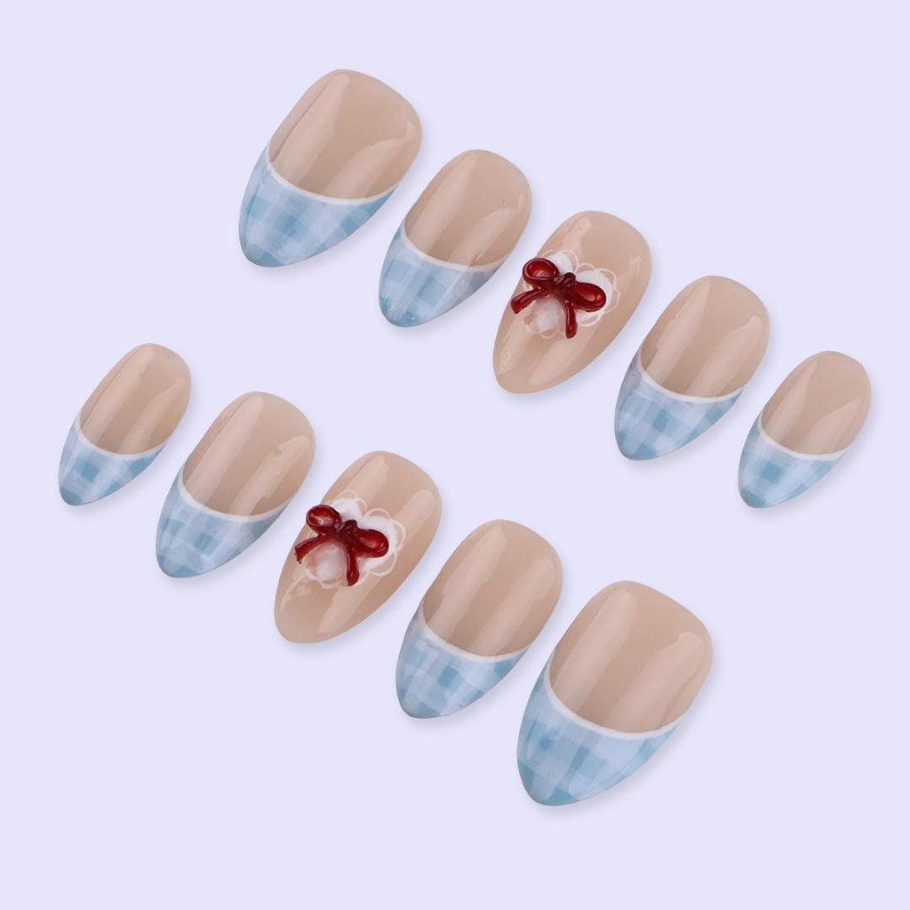Blue Gingham French Tip Press On Nails with Red Bow | Nude Almond Fake Nails | Cute Handmade Nail Art for Everyday Wear or Gift