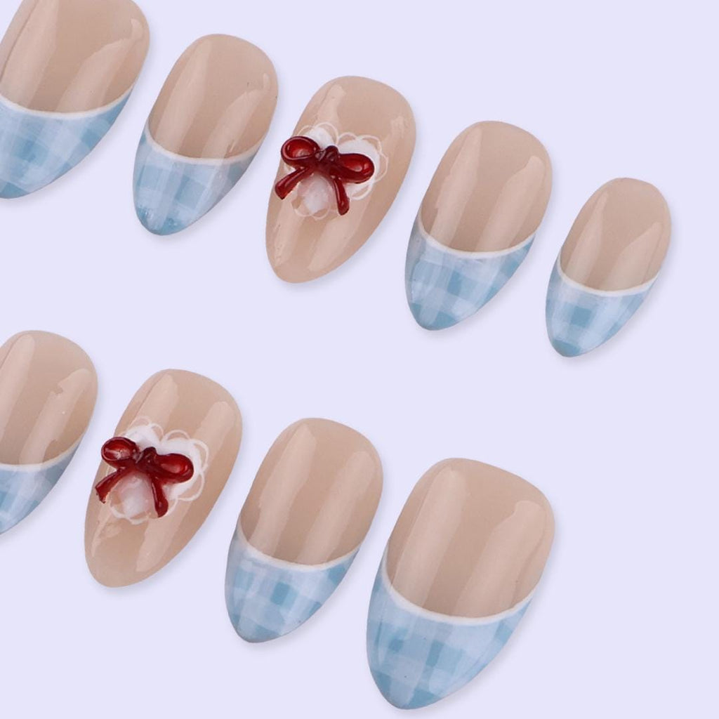 Blue Gingham French Tip Press On Nails with Red Bow | Nude Almond Fake Nails | Cute Handmade Nail Art for Everyday Wear or Gift