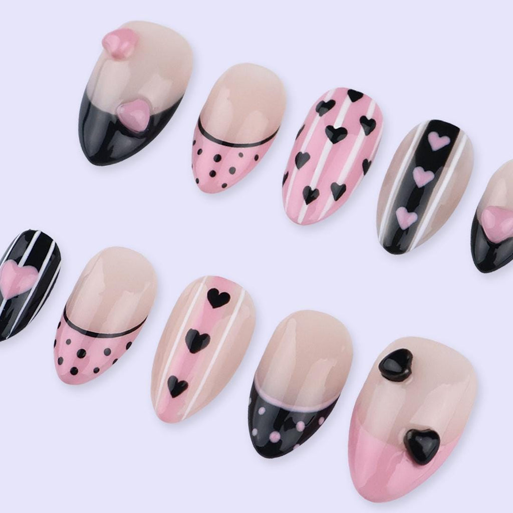 Pink & Black Valentine Press On Nails | Heart Stripe And Polka Dot Design | Almond Fake Nails | Handmade Nail Art for Date or Gift