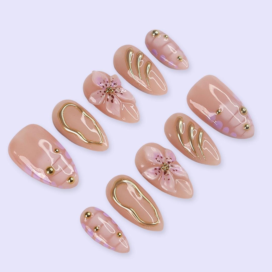 Pastel Prom Press On Nails | Soft Pink Floral & Gold Chrome Details | Almond Fake Nails | Handmade Nail Art for Wedding or Everyday Wear