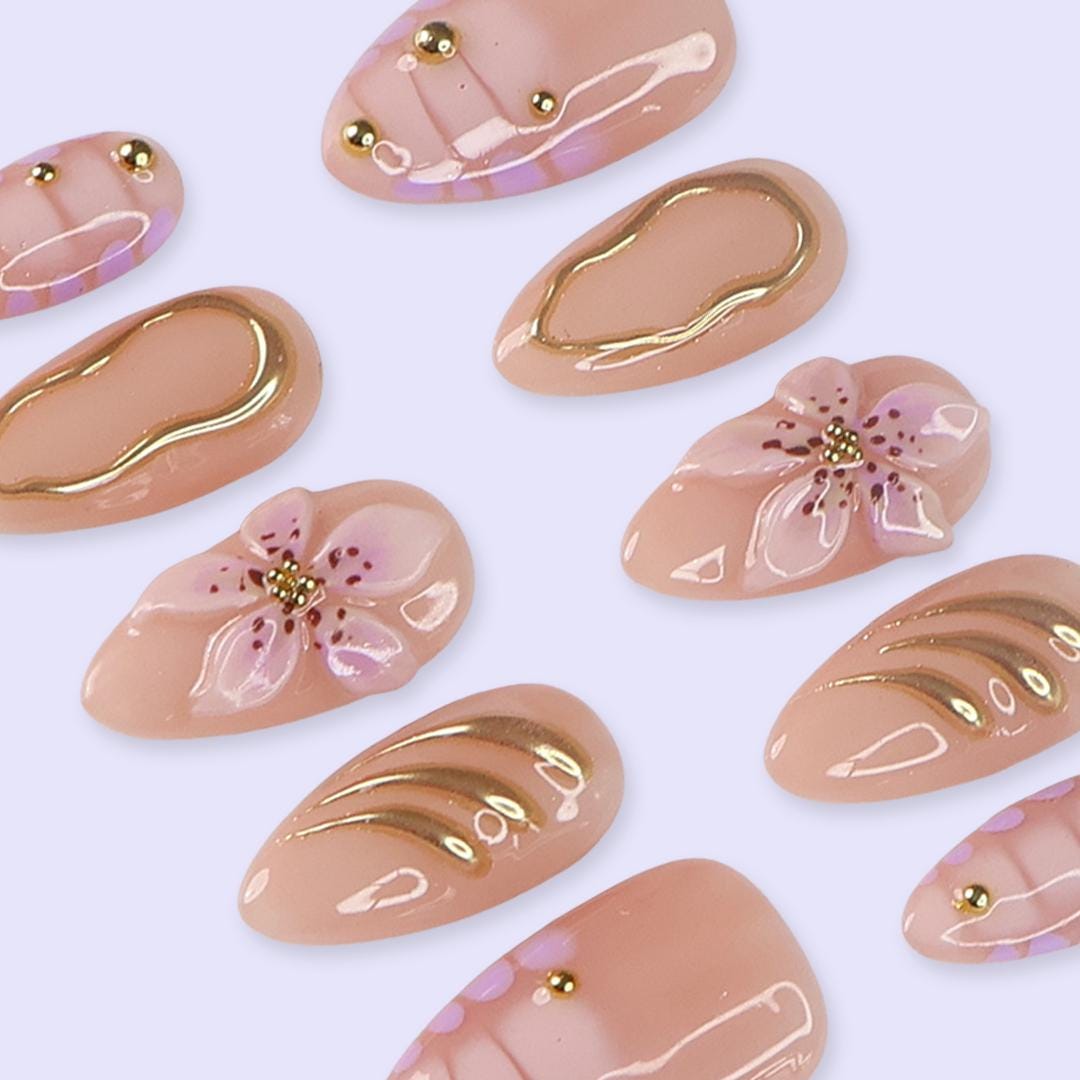 Pastel Prom Press On Nails | Soft Pink Floral & Gold Chrome Details | Almond Fake Nails | Handmade Nail Art for Wedding or Everyday Wear