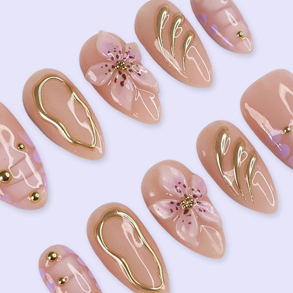 Pastel Prom Press On Nails | Soft Pink Floral & Gold Chrome Details | Almond Fake Nails | Handmade Nail Art for Wedding or Everyday Wear