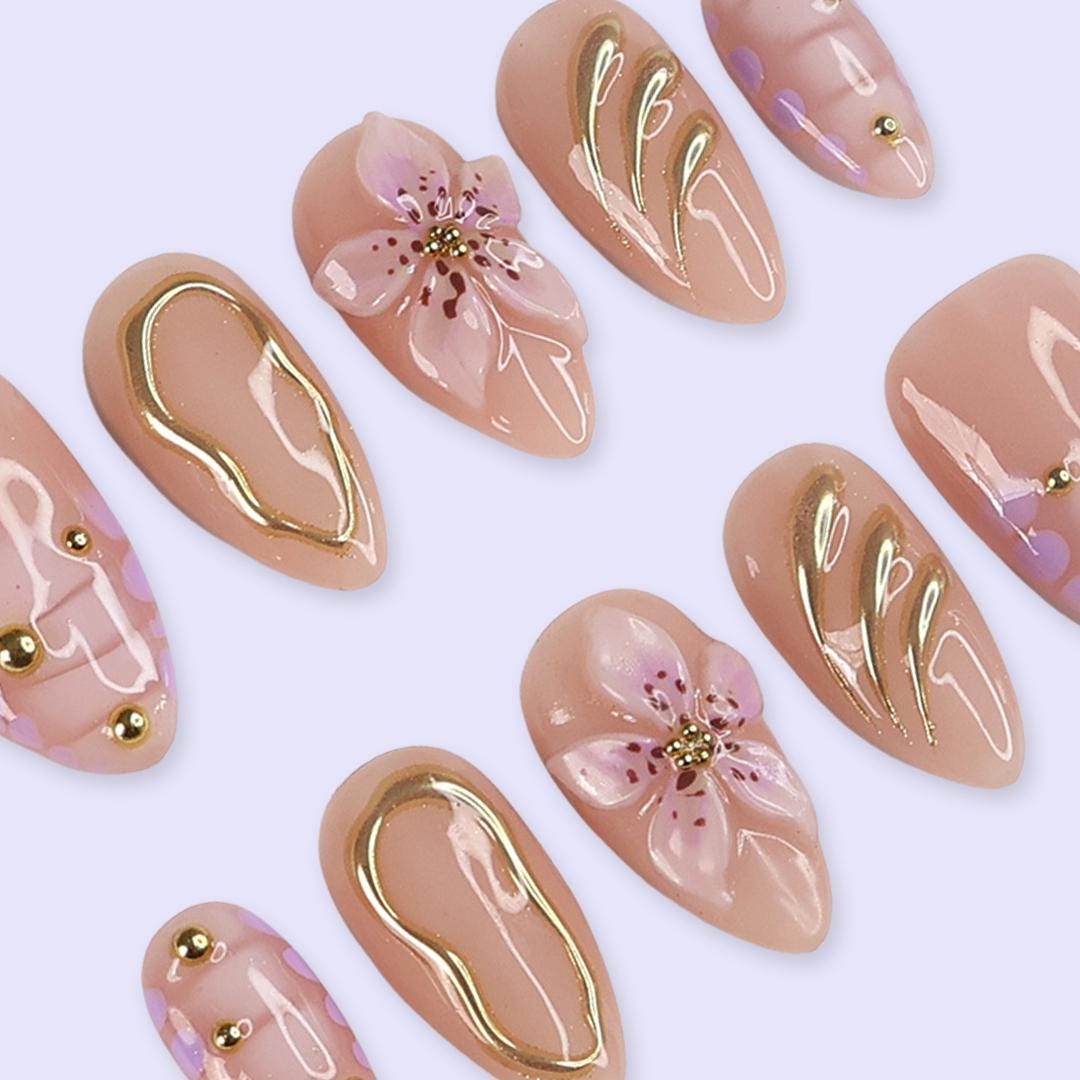 Pastel Prom Press On Nails | Soft Pink Floral & Gold Chrome Details | Almond Fake Nails | Handmade Nail Art for Wedding or Everyday Wear