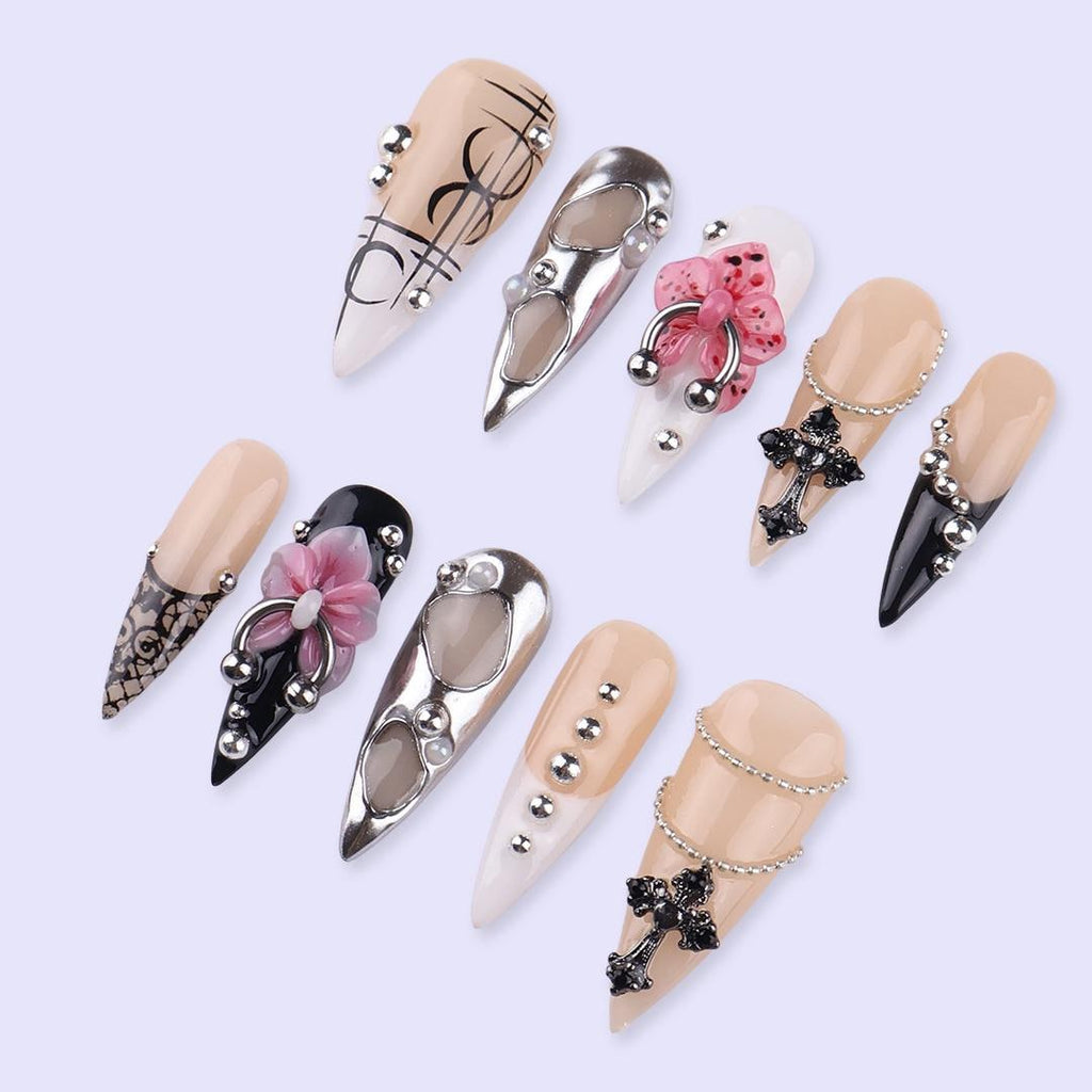 Y2K Press On Nails with Cross & Floral | 3D Fake Nails in Long Stiletto | Handmade Nail Art for Statement Look