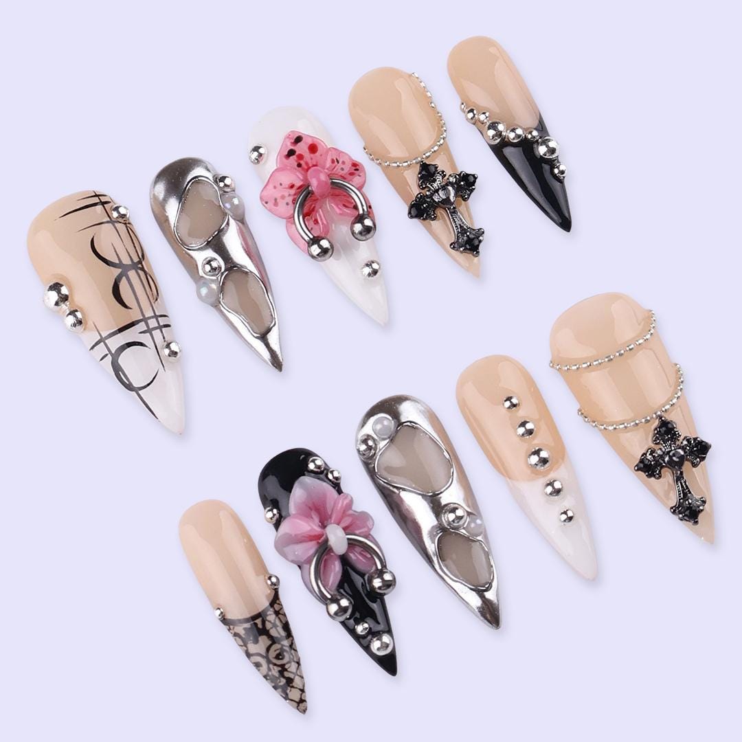Y2K Press On Nails with Cross & Floral | 3D Fake Nails in Long Stiletto | Handmade Nail Art for Statement Look