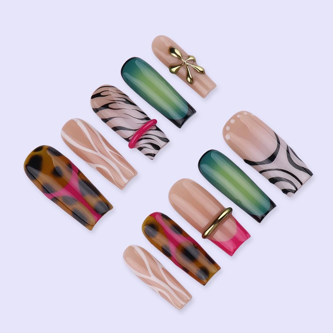 Free Style Press On Nails with Leopard & Green Ombre | Long Square Fake Nails with Gold Accent | Handmade Nail Art